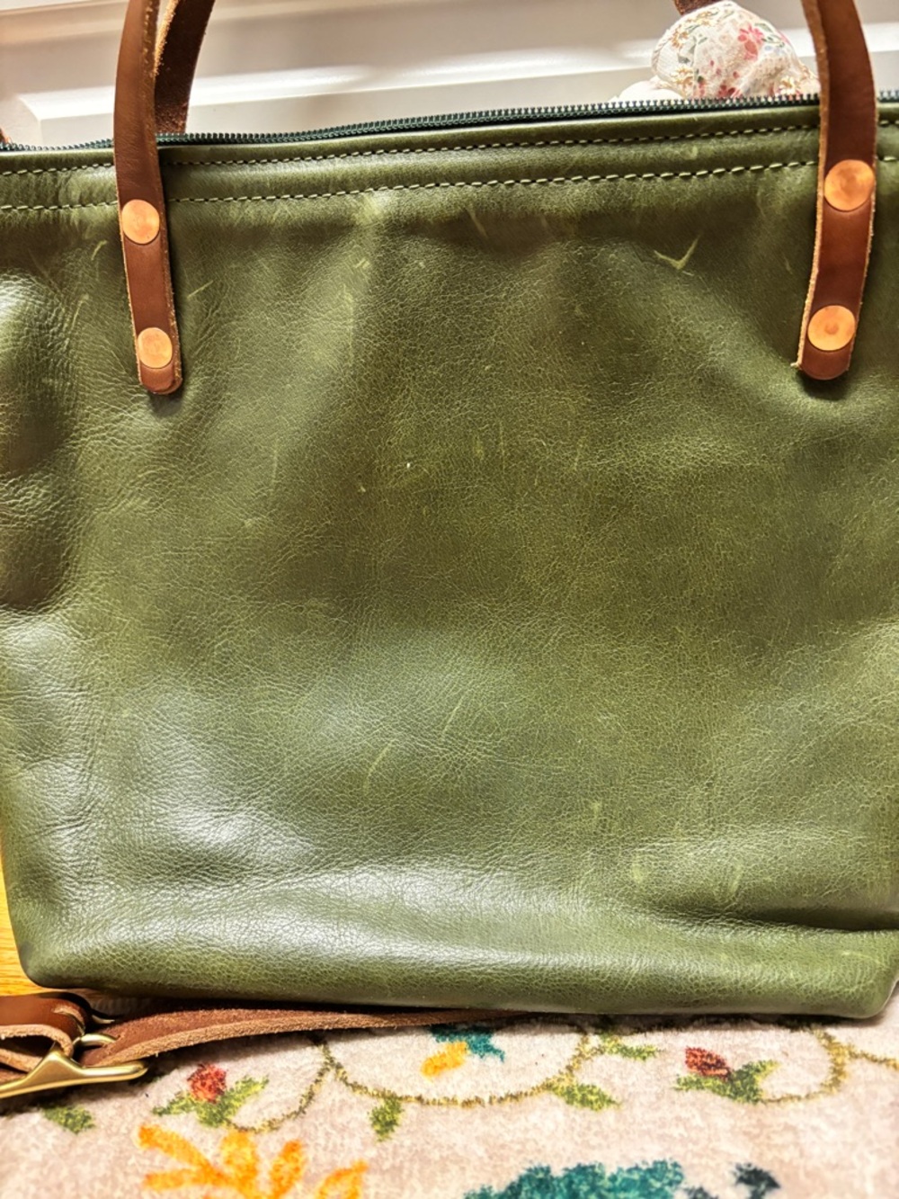 Meanwhile Back on the Farm Hunter Green Leather Small Tote - Picture 5 of 7